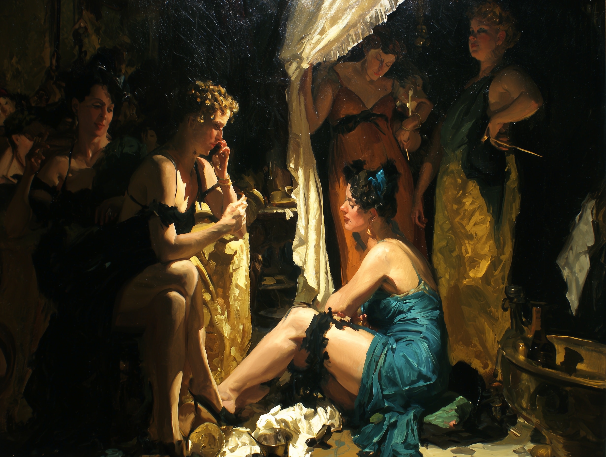 Women in period dress in a candlelit room — the atmosphere of 1960s Georgetown